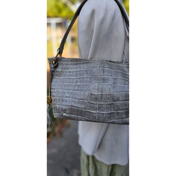 FURLA Croc Embossed Grey Genuine Leather Handbag Shoulderbag, Pre-owned - Picture 4 of 12